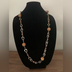 Macy’s Long Necklace: Golden Metal & Natural Wood Spheres